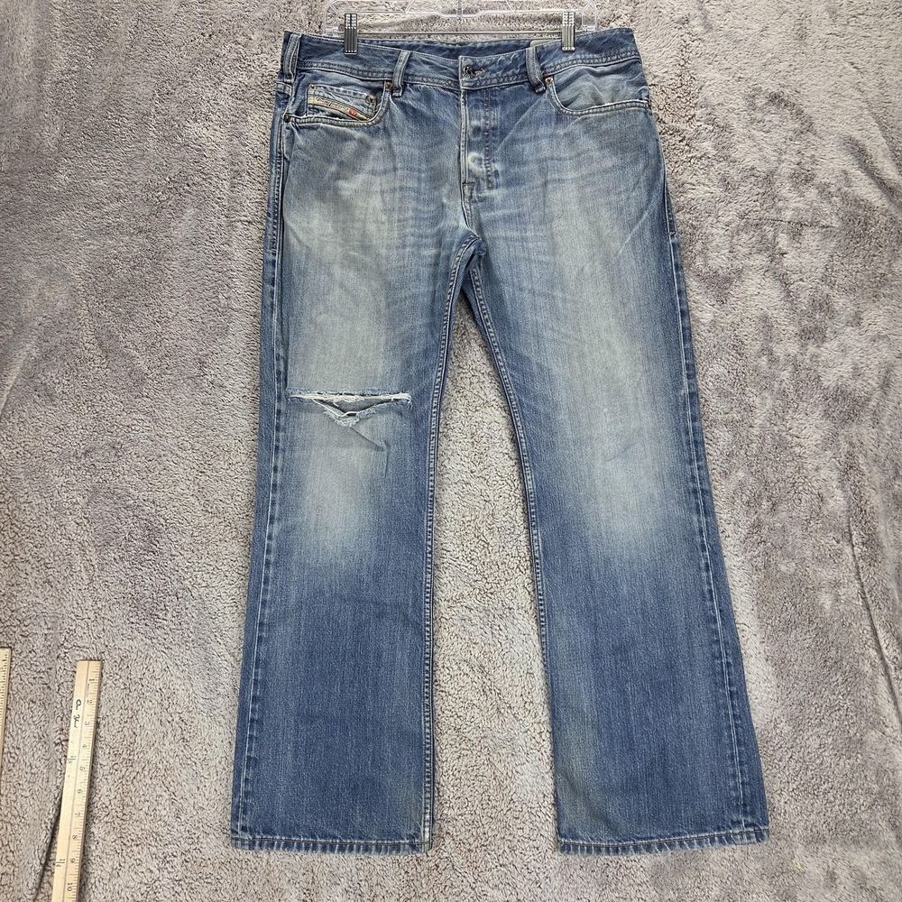 Diesel Jeans Mens 34x30 Blue Zatiny Regular Bootcut Distressed Button Fly 008XR